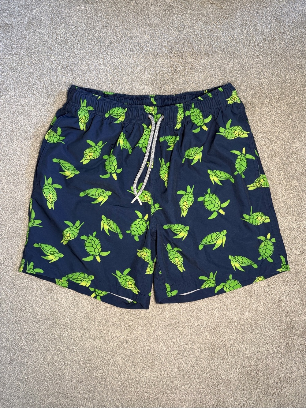 RAINFOREST Navy Swim Trunks with Bright Green Turtle Print